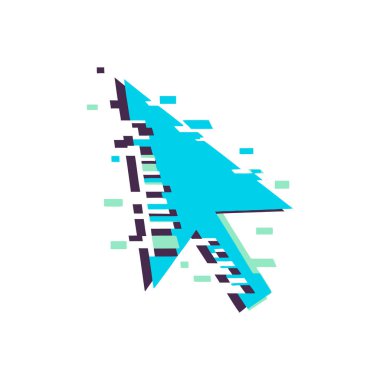 Dijital arıza veya çarpıtma etkisi olan mavi bir bilgisayar faresi ok imlecinin izole edilmiş bir vektör çizimi. Simge parçalanmış ve beyaz bir arkaplanda piksellenmiş gibi görünüyor.