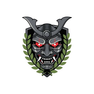 Bir defne çelengi çerçeveli, parlayan kırmızı gözlü, detaylı bir samuray maskesi içeren çarpıcı bir amblem..