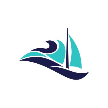 Modern ve soyut bir logo tasarımı. Yelkenli bir yelkenli ve okyanus dalgaları şeklinde, mavi ve deniz mavisi tonlarında bir tekne..