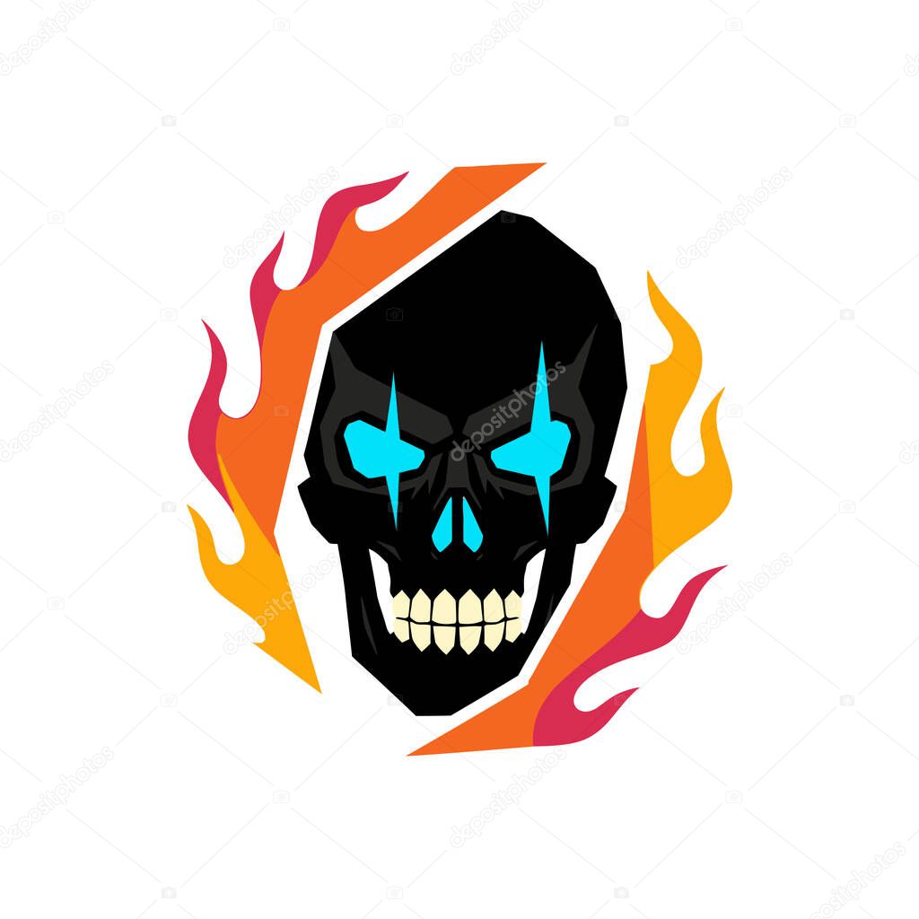 A vector illustration of a stylized black skull with glowing blue eyes and bared teeth. The skull is surrounded by a ring of orange and red flames on a white background.