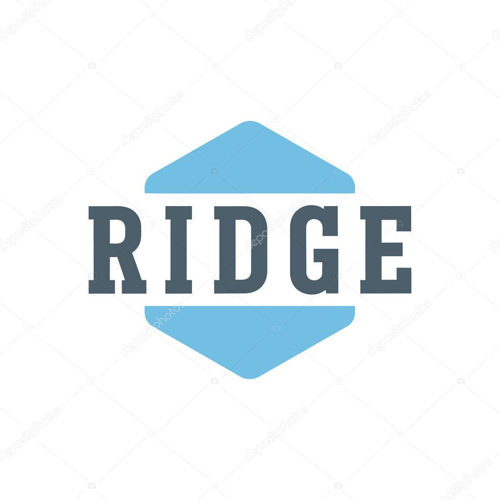 A minimalist logo featuring the word RIDGE in bold, dark gray letters centered on a light blue hexagonal shape, set against a clean white background.