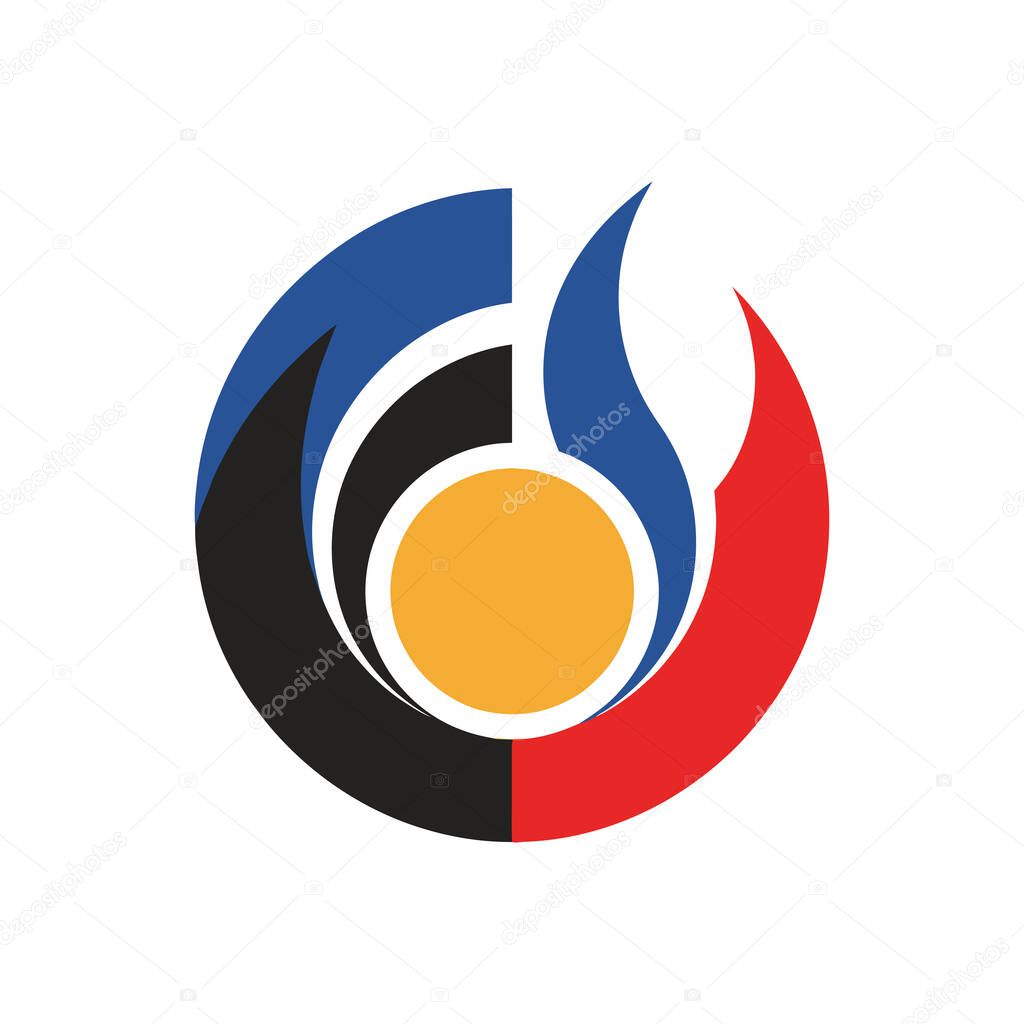 A circular logo design featuring a balance of colors and shapes, symbolizing harmony and unity.