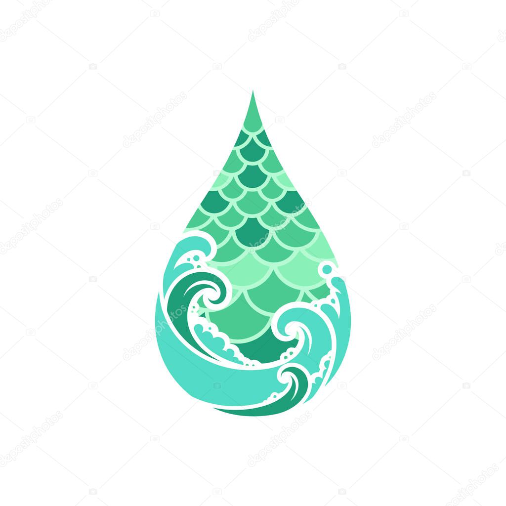 A stylized water drop featuring fish scales and swirling waves, representing the beauty and power of water and marine life.