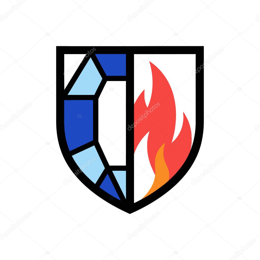 A shield emblem divided between a diamond, representing resilience, and fire, symbolizing passion, ideal for security or protection concepts.