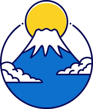 Japon dağının, güneşinin ve bulutlarının canlı bir çizimi. Parmak izi, poster ya da dijital sanat için mükemmel..