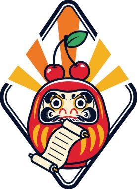 Azim, iyi şans ve Japon geleneğini simgeleyen Daruma bebeği, kiraz ve tomarı içeren canlı bir illüstrasyon..