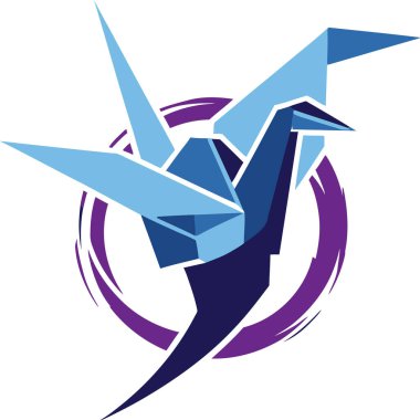 Modern bir origami kuş tasarımı, geometrik tarzda, mor dairesel bir arkaplan üzerine kurulmuş..