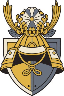 Geleneksel Japon samuray kabuto miğferinin sitilli bir tasviri. Kalkan arka planında belirgin bir kasımpatı arması var..