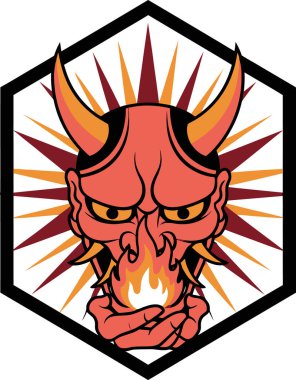 Boynuzları olan, ateşi elinde tutan, altı köşeli bir şeytan yüzü tasviri..