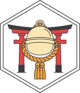 Zil, torii kapısı ve ip içeren bir Japon tapınağı sembolü..