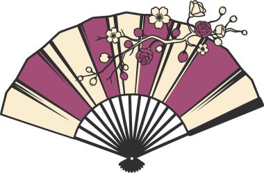 Kiraz çiçekleri ve güllerin çiçek dizaynının yer aldığı geleneksel bir Japon hayranının zarif el çizimi. Asya temalı tasarımlar veya arka planlar için mükemmel.