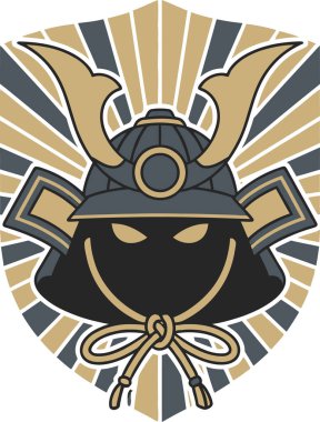 Geleneksel bir Japon samuray miğferinin stilize edilmiş bir grafiği, ya da kabuto, siyah ve altın renkli, parlak çizgili bir kalkan arka planına karşı..