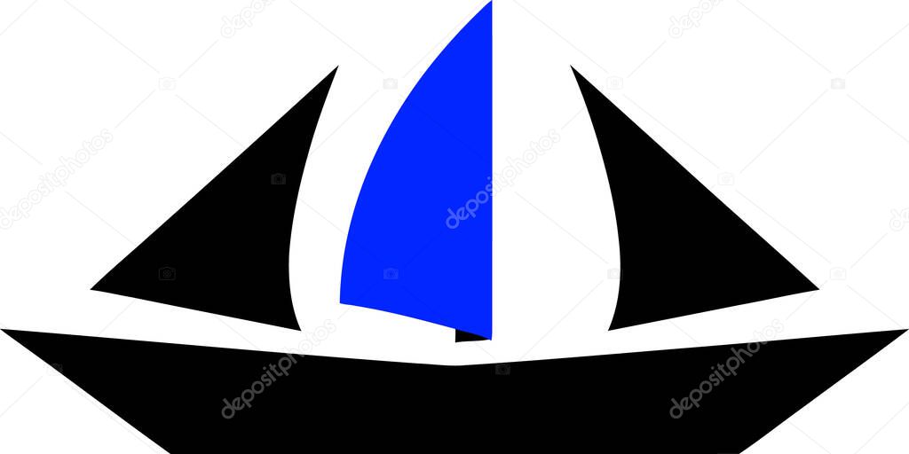 A simple, graphic illustration of a sailboat with a black hull and two black sails, and one blue sail in the center.