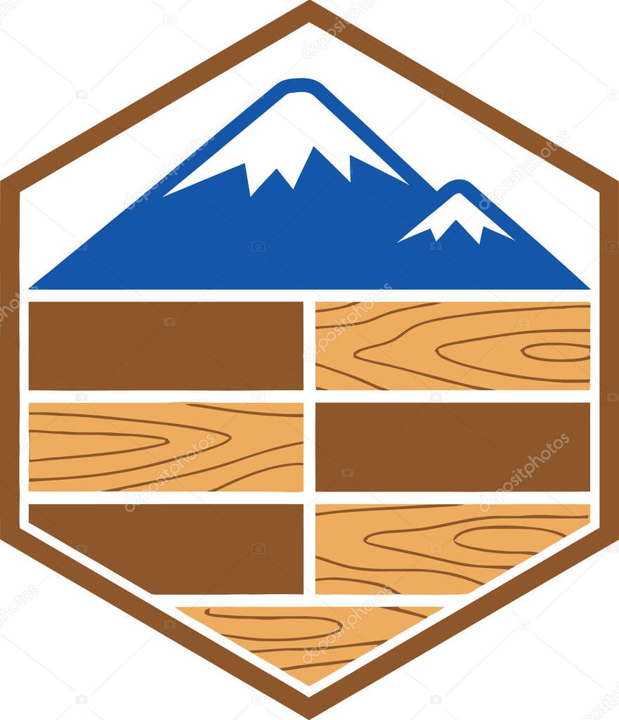 A unique hexagon logo featuring a blue mountain range with snow-capped peaks above a pattern of alternating brown and wood-grain planks, symbolizing nature and craftsmanship.