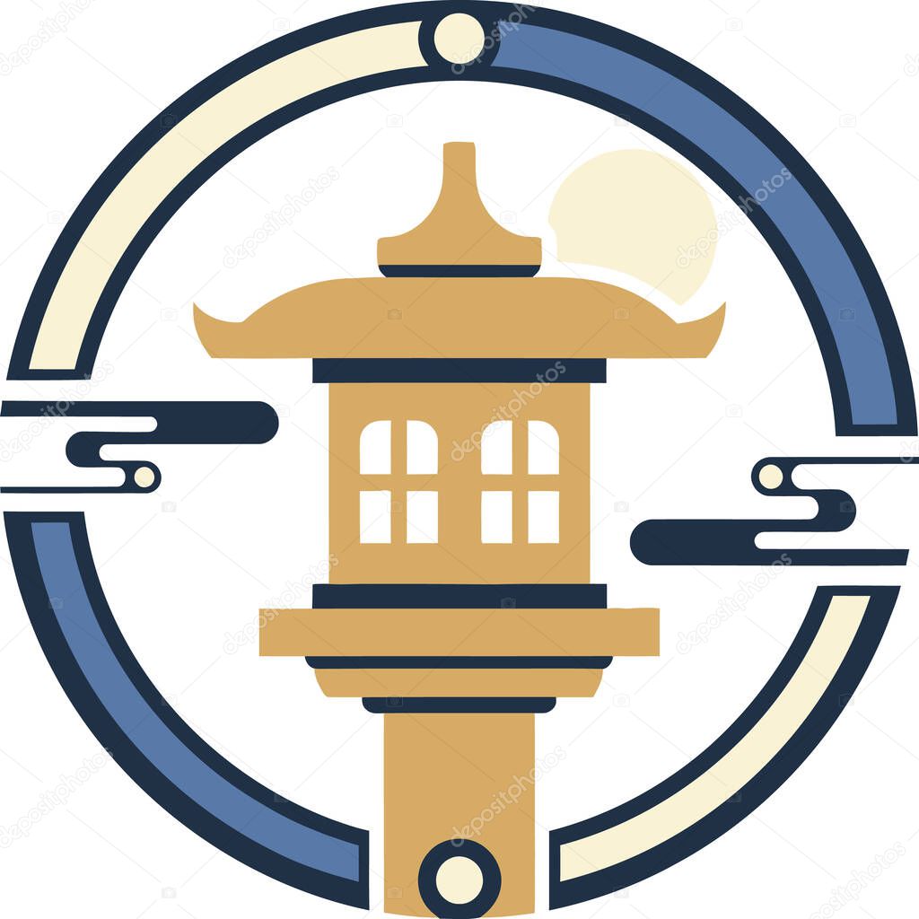 A modern vector illustration of a traditional Japanese stone lantern or toro. The design features a minimalist style with a circular frame and stylized clouds.