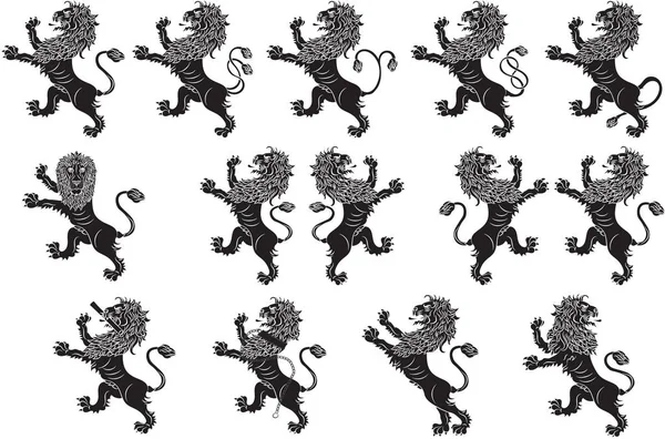 Набор Черных Геральдических Львов Белом Фоне — стоковый вектор