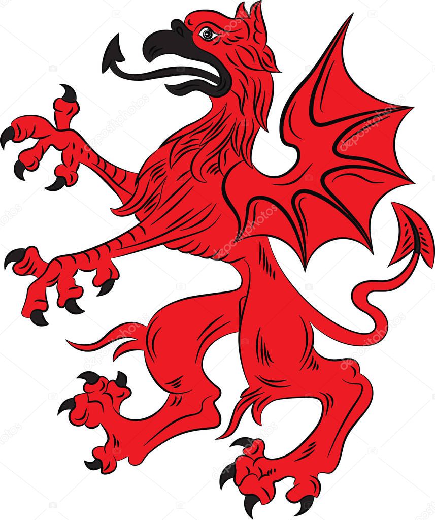 heraldic isolated red Griffin on white background