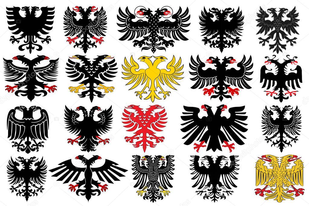 Set of heraldic german double-headed eagles on white background