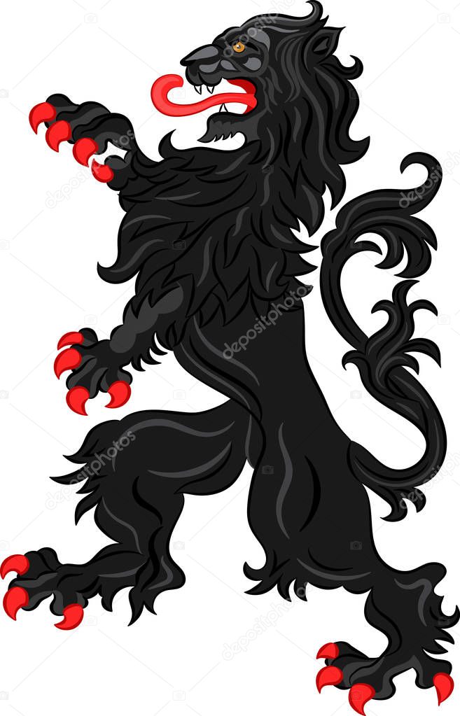 heraldic black rampant lion with red claws and tongue on white background