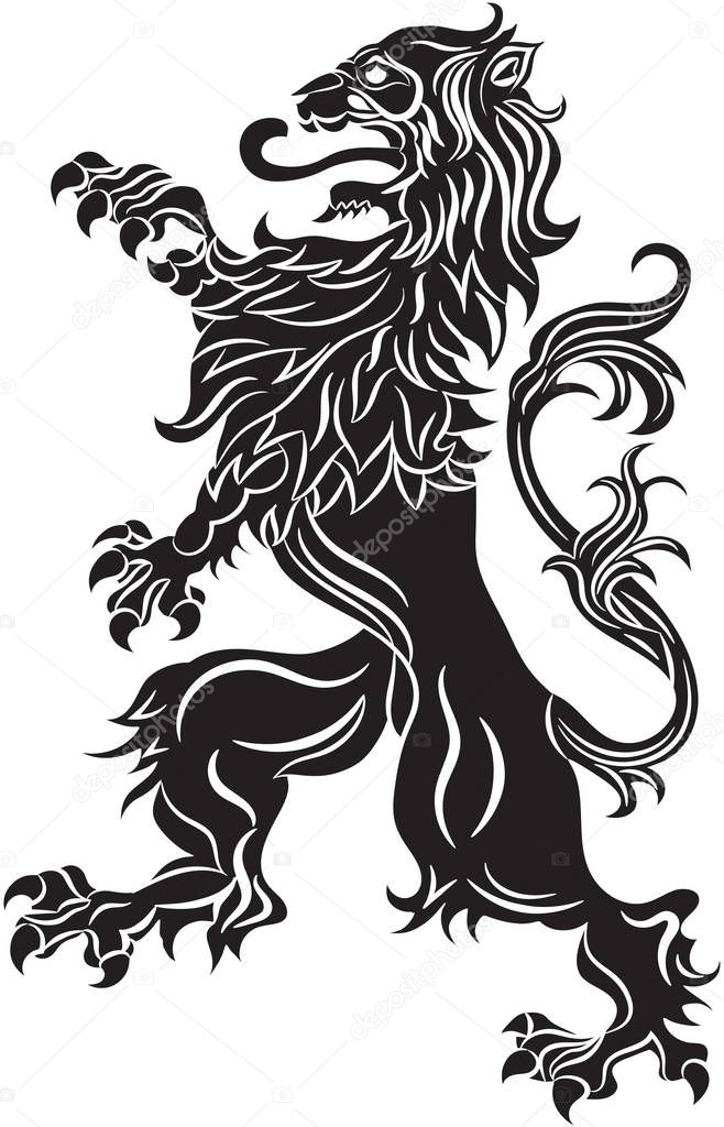 heraldic black rampant lion on white background