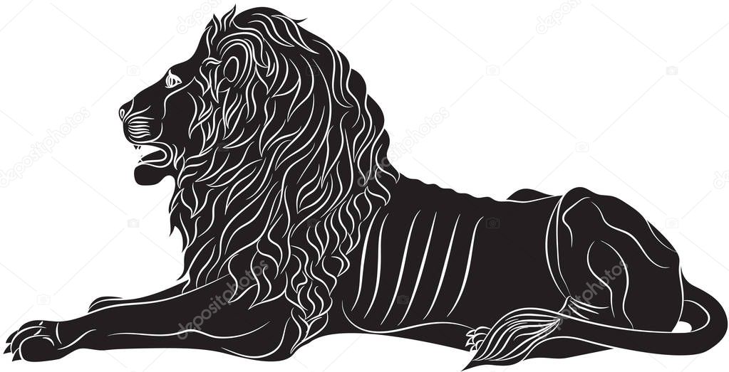 Heraldic black symbol of Couchant lion on white background