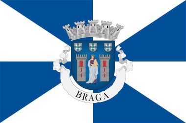 Braga bayrağı, Portekiz 'in kuzeybatısında bulunan Braga eyaletinin tarihi ve kültürel Minho iline bağlı belediyesi. Vektör illüstrasyonu