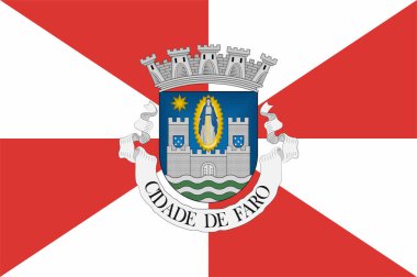 Faro bayrağı, Portekiz 'in güneyindeki Algarve bölgesinde, aynı adı taşıyan en güneyde bulunan belediye ve piskoposluk merkezi. Vektör illüstrasyonu