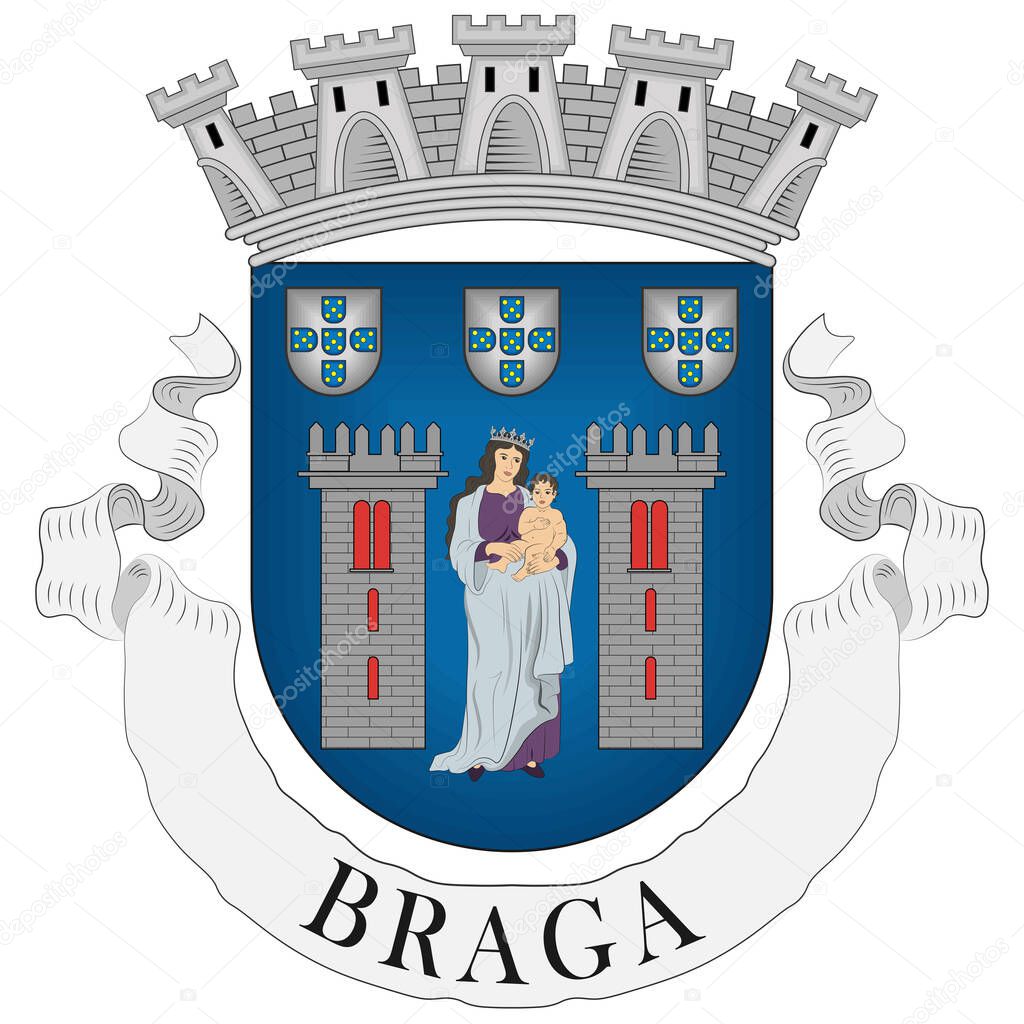Coat of arms of Braga is a city and a municipality in the northwestern Portuguese district of Braga, in the historical and cultural Minho Province. Vector illustration