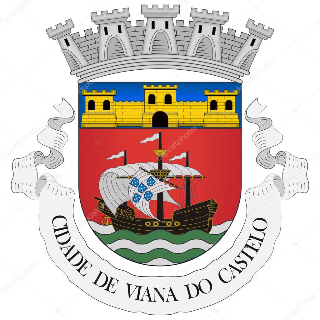 Coat of arms of Viana do Castelo is a municipality and seat of the district of Viana do Castelo in the Norte Region of Portugal. Vector illustration