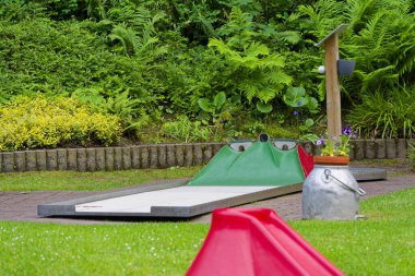 Yeşil bir hörgücü ve parlak kırmızı bir rampası olan düzgün bir şerit, kesilmiş çim boyunca kıvrımlar oluşturur. Broşürler, park haritaları ve eğlence reklamları için uygun aile dostu eğlence sahneleri..