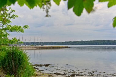 Yelkenliler ince bir kıyı tükürüğüyle korunan yumuşak sularda dinlenirken, açık sahil Issız Flensburg 'da berrak ve temiz duruyor. Broşürler, posterler ve dijital başlıklar için açık bir deniz manzarası.