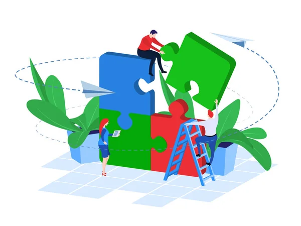Business Team at Work. Raster image in flat 3d style. Team Metaphor. People Connecting Puzzle Elements. Success in teamwork. Planning Strategy, Searching Problem Solution.