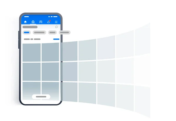 News feed in a social network in the form of a grid. Promotion in social media. Smartphone with social network interface. Screen phone with the application. Raster image