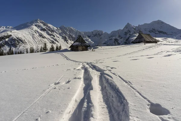 Vieilles cabanes dans la neige profonde. La vallée de Gasienicowa. Montagnes Tatra . — Photo