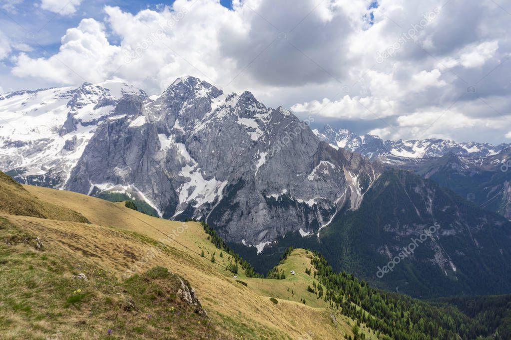 Beautiful view of the Marmolada massif in the Dolomites. Italy.