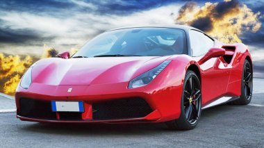 Rome, İtalya - 24 Haziran 2018: Lüks model spor araba Ferrari 488 Gtb doğal bir arka plan üzerine yerleştirilir. Ferrari 488 2015, 3.9 litrelik tarafından desteklenmektedir beri üretilen bir İtalyan spor otomobil olduğunu ikiz turbo V8.