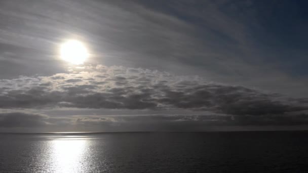 Bulutlu Bir Akşam Okyanusun Üstündeki Güneşe Karşı Uçan — Stok video