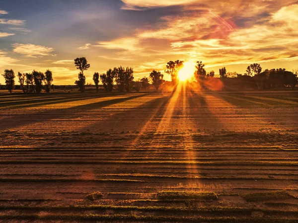 Pôr do sol surpreendente no campo acima dos campos cultivados e — Fotografia de Stock