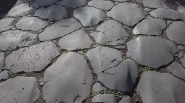 Ostia Antica 'da Decumanus Maximus 'un yaptığı antik Arnavut kaldırımlara bakarak etrafta dolaşmak-Roma