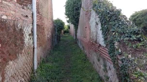 過去に歩いてリアルタイム 古代の道とローマ帝国は オスティアアンティカ古代ローマの村で壁を台無しに — ストック動画