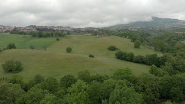 緑の丘や谷 牧草地や劇的な空のオークの森の中の山のプロフィールと風景の航空風景の田舎 — ストック動画