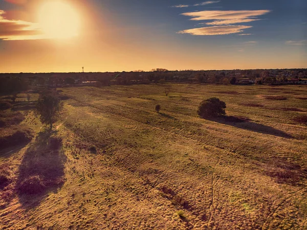 Increíble vista aérea al atardecer sobre prados y árboles —  Fotos de Stock