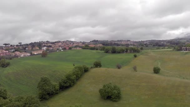 无人机鸟瞰丘陵 森林和大型绿色草地之上的乡村 远处是壮观的多云天空中的村庄天际线 — 图库视频影像