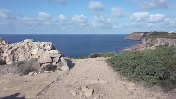 Pow Walking Exploring Wilderness Area Ruin Footpath Looking Sea Cliffs — Stock Video