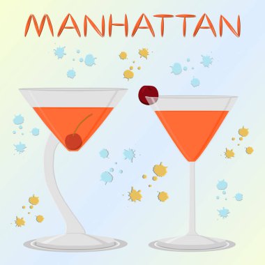 Vektör simgesi illüstrasyon kırmızı dut kiraz alkol kokteyller Manhattan'dan amblemi. Tam cam bardak şeffaf kiraz kokteyl ile oluşan Manhattan. Kokteyl cam buz küpleri.