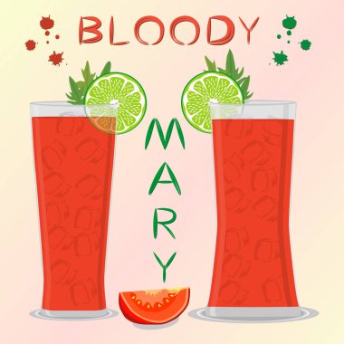 Alkol kokteyl bloody mary dilimlenmiş domates için vektör simge illüstrasyon logo. Bloody Mary tam cam fincan kereviz sebze kokteyl ile oluşan. Kokteyl domates suyu buz küpleri.