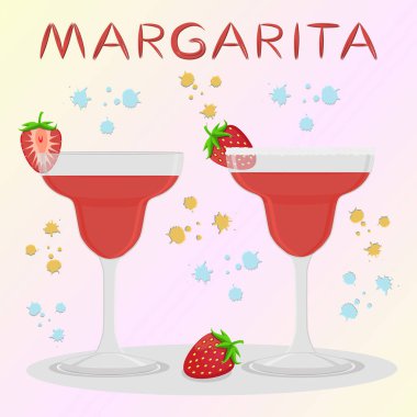 Alkol kokteyl margarita berry çilek dan için vektör simge illüstrasyon logo. Tam cam bardak çilek şeffaf kokteyl ile oluşan margarita. Kokteyl cam buz küpleri