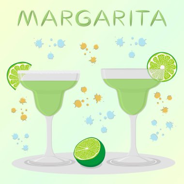 Alkol kokteyl margarita düşük narenciye kireç için vektör simge illüstrasyon logo. Tam cam fincan yeşil limes şeffaf kokteyl ile oluşan margarita. Kokteyl cam buz küpleri.