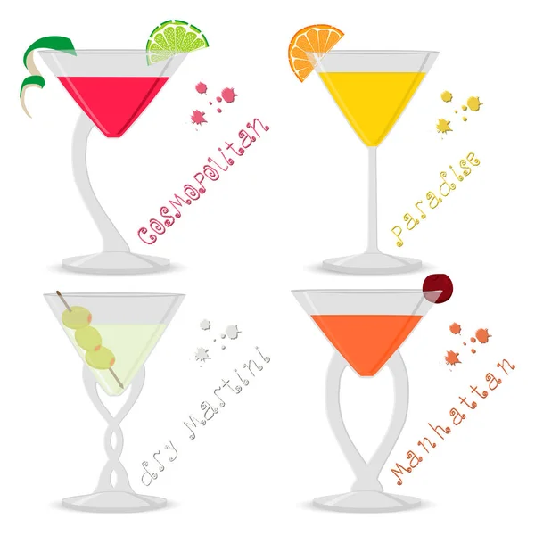 Vektorillustration För Set Alkohol Drinkar Manhattan Martini Cosmopolitan Paradise Fullt — Stock vektor