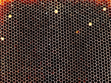 Arka plan altıgen doku, balmumu petek arı kovanı üzerinden altın bal ile dolu. Makro fotoğrafçılık balmumu, arı kovanı gelen sarı tatlı ballar oluşan petek. Arılar peteğin tatlım nektarı